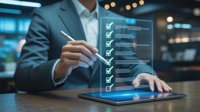 A Professional Businessman Using Digital Holographic Interface To Complete A Task Checklist