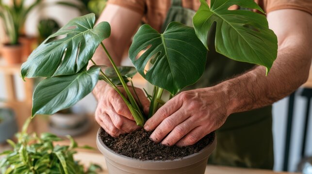 Hands of a man carefully repotting a vibrant green Monstera plant into a larger terracotta pot, surrounded by other houseplants. The focus is on the nurturing act of gardening indoors