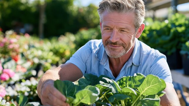 A happy man tending to his plants in a greenhouse. He is wearing a light blue shirt and has a gray beard and mustache. The man is smiling as he touches the leaves of a green plant