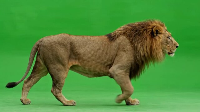 Male lion walking isolated on green screen, side view full body motion for compositing and vfx projects