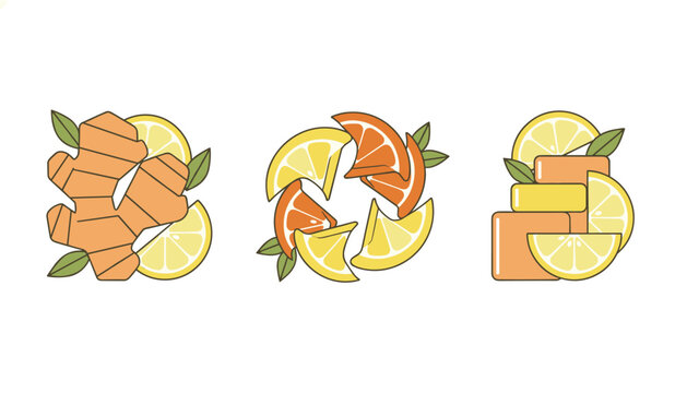 Set of three geometric composition designs combining ginger root, citrus slices, orange wedges, and ice cubes.