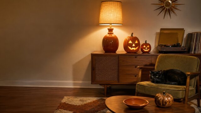 Mid century modern Halloween living room with black cat, glowing pumpkins, orange lamp and retro furniture