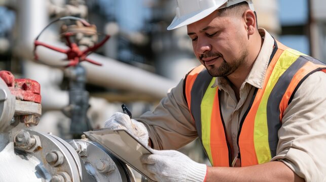 A male engineer wearing a hard hat and safety vest, checking on industrial equipment and taking notes on a clipboard