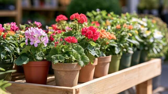 A vibrant display of potted flowering plants arranged on a wooden shelf, showcasing a variety of colors and textures in full bloom