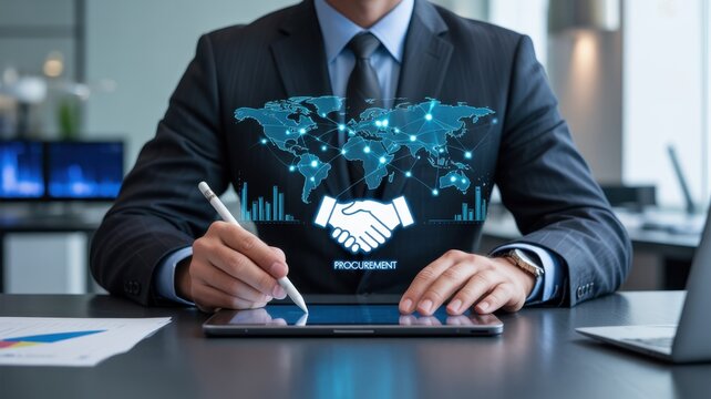 Business Executive Using Digital Tablet To Manage Global Procurement And Supply Chains