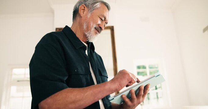 Smile, man and remote work at house with tablet, research and source consent for story submission. Mature person, review and freelancer in home with digital, editing grammar and publication approval