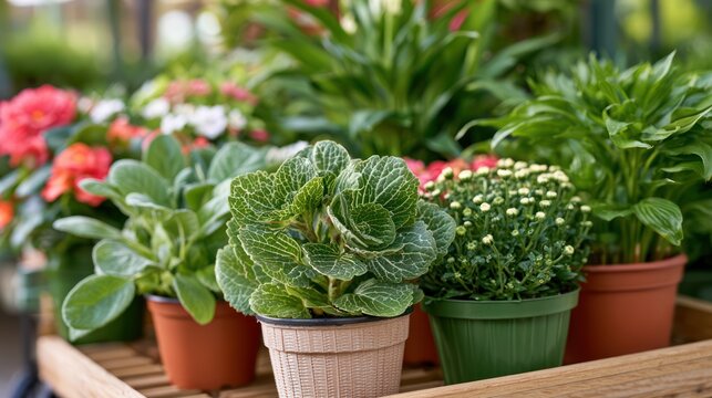 A collection of various potted plants displayed on wooden shelves, including flowering plants and leafy green foliage