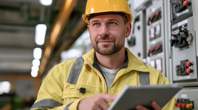 An industrial worker in a yellow hard hat and safety jacket holding a tablet computer and looking thoughtfully into the distance