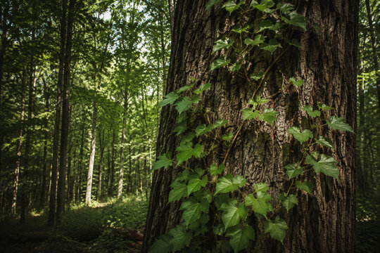 Delicate vines winding up the trunk of a tall oak tree, detailed bark and leaves.