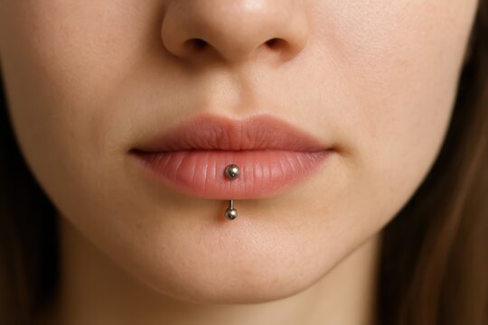 Close-up of woman's lips with labret piercing