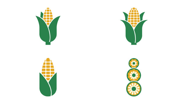 Four colorful graphic design icons depicting corn on the cob in various states including cross section slices.