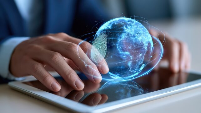 Close-up of a person's hands interacting with a futuristic holographic globe displayed above a tablet. The globe shows glowing blue continents and gridlines.