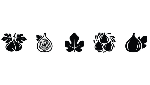 Botanical set of five black silhouettes depicting whole figs, a half-cut fig showing seeds, a single leaf, and clusters on white background.