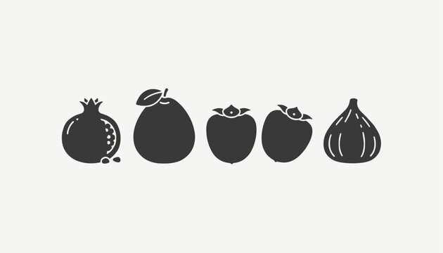 Collection of five dark grey fruit silhouettes including a pomegranate with seeds, a pear, two persimmons, and a fig on cream background.