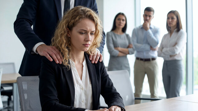 Female office employee appearing uncomfortable with a male colleague and coworkers watch in the background, representing workplace harassment, misconduct and professional boundaries.