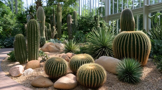 A diverse collection of cacti and succulents displayed in a botanical garden. The plants vary in size, shape, and texture, with sandy soil and smooth stones decorating the ground