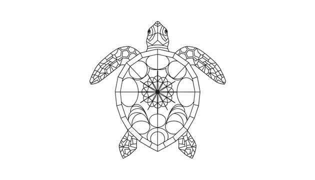Black and white line art of a sea turtle with a beautiful geometric mandala pattern on its shell, simple vector illustration for coloring.