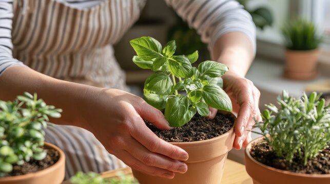 Gardener hands potting a small basil plant in a clay pot, surrounded by other potted herbs on a wooden surface