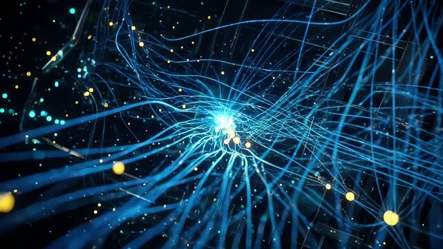 Abstract blue neural network with glowing digital data particles
