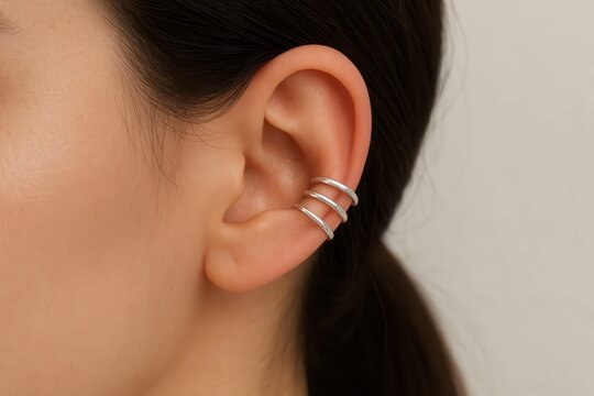 Minimalist silver ear cuffs on adult's ear close-up
