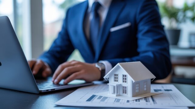 A Professional Real Estate Agent Working On A Laptop With House Model