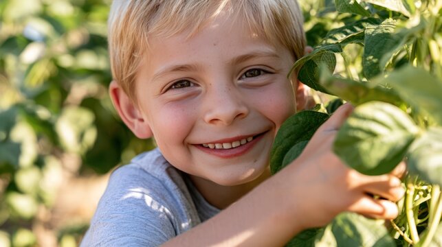 A young boy with a bright smile, surrounded by lush greenery. He is peeking from behind large green leaves, looking directly at the camera