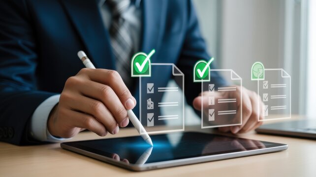 A Professional Businessman Using A Digital Stylus Pen To Complete Checklist Forms