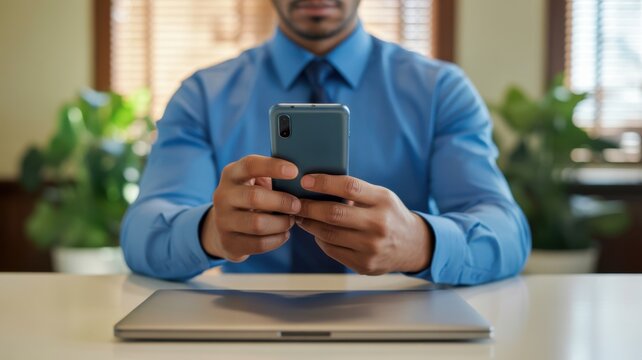 A professional man in a blue shirt holding a modern smartphone device