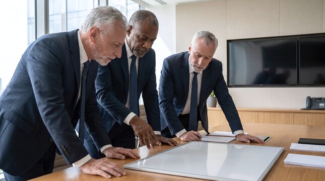 Three serious senior corporate executives engaged in a deep strategic conversation while looking down and planning on a large blank whiteboard laid flat on a modern office boardroom table