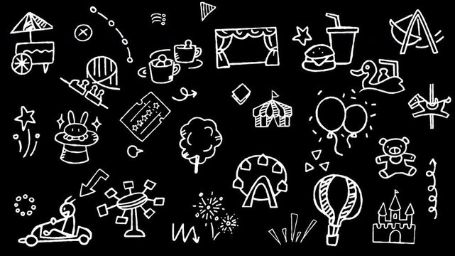 Hand drawn doodle elements of amusement park rides, carnival attractions, and festival icons. Animated seamless loop video background with white and black lines in horizontal format. 