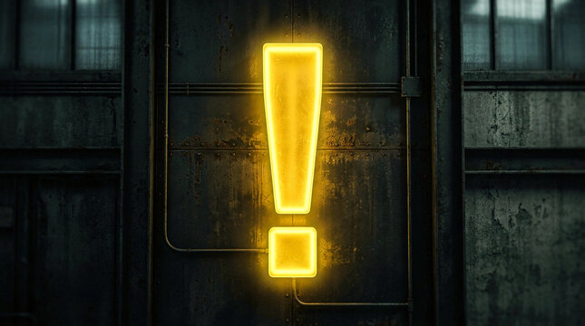 Glowing yellow neon exclamation mark sign mounted on dark weathered industrial metal wall with pipes and cables to emphasize alert hazard or warning messages.