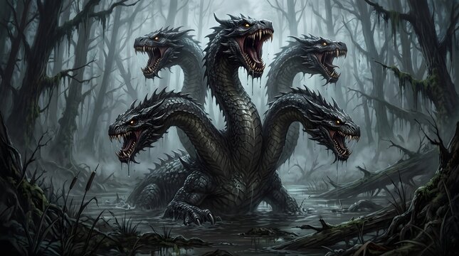 A terrifying multi headed hydra monster emerging from the dark misty waters of a haunted swamp forest