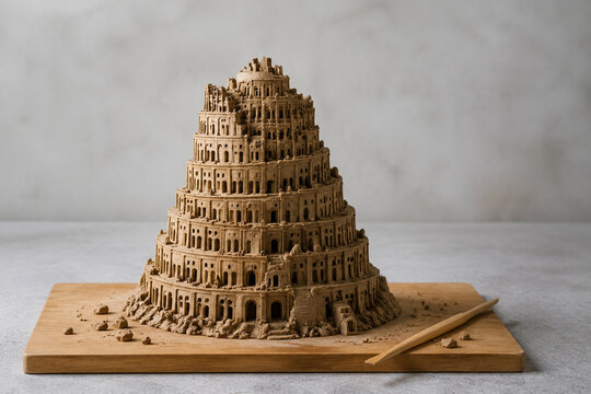 Miniature Tower of Babel clay sculpture on wooden board with shaping stick, educational craft concept