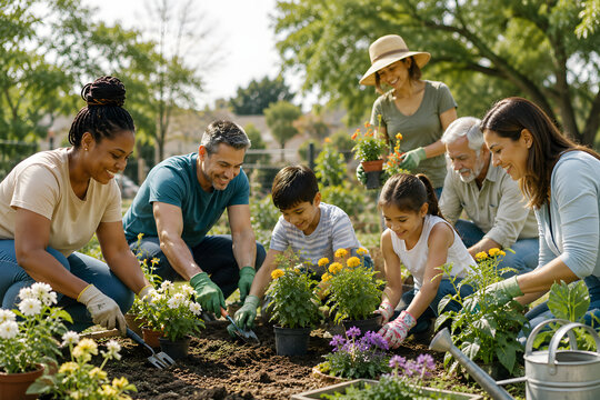 Family gardening together planting flowers.