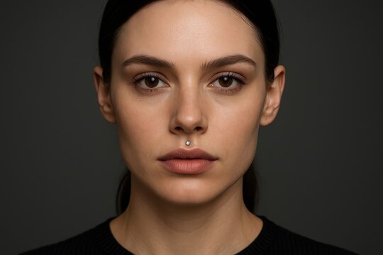 Frontal portrait of woman with lip piercing in studio light