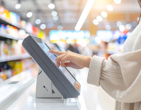 Self Checkout Kiosk in Modern Retail Store with Customer Interaction