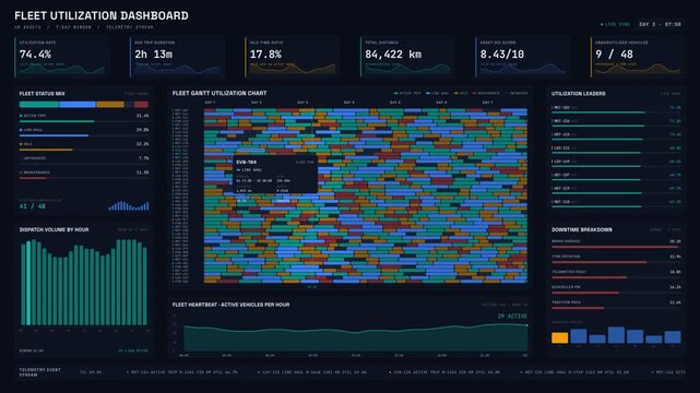 Explore a visually engaging Fleet Utilization Dashboard featuring a Gantt chart, area chart, and KPI cards with vibrant colors and animations for tracking vehicle performance.