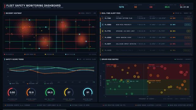 A detailed fleet safety monitoring dashboard interface showcasing incident heatmaps, real-time alerts, and driver risk metrics in a dark, urgent visual style with vibrant color coding.