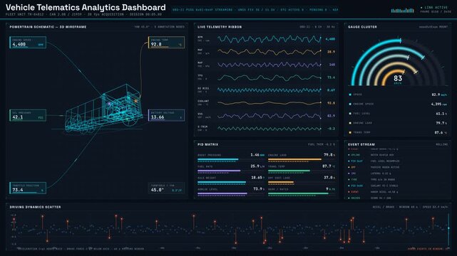 Explore a cutting-edge vehicle telematics analytics dashboard designed for real-time data visualization with vibrant colors and dynamic visual elements in dark mode.