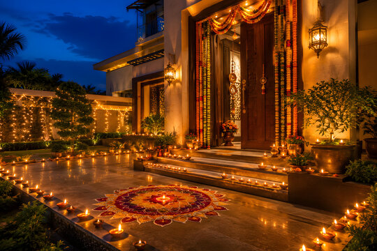 Diwali decorations in front of house with diyas and lights.