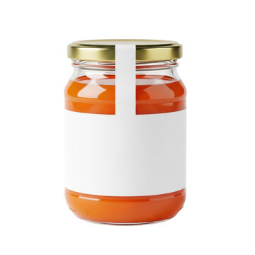 Glass jar of orange jam with blank label isolated on white background