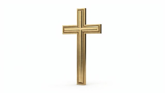 Golden Christian cross illustration, 3D metallic religious crucifix on white background, elegant gold church symbol for spiritual design