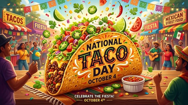 National taco day celebration with a large delicious taco, festive mexican street food market background, vibrant colors, and party atmosphere on october 4th