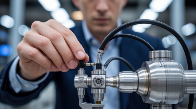 A professional engineer carefully adjusting a complex precision mechanical industrial control component