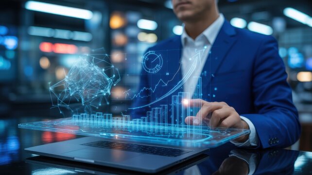 A Professional Business Man Using Advanced Holographic Data Interfaces On His Laptop