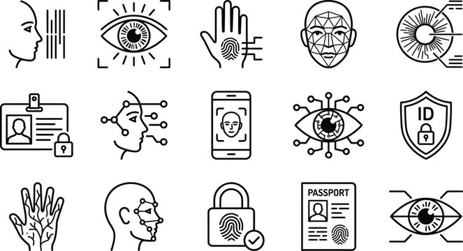 Biometric identification and cyber security line icons set, id card, face scanning, retina and fingerprint scanning, voice recognition.