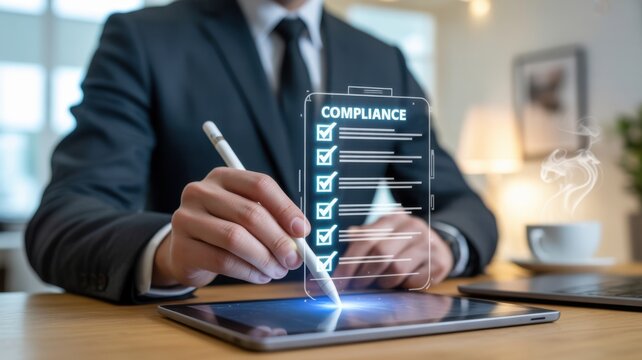A Professional Business Executive Interacting With A Digital Compliance Checklist On Tablet