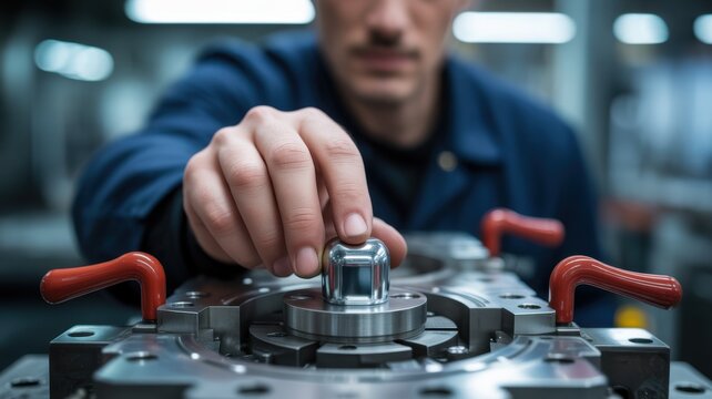 A Focused Industrial Worker Carefully Adjusting A Precision Metal Component In Factory
