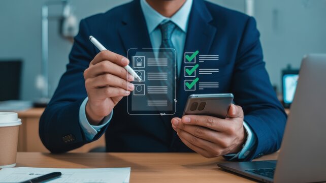 Professional Businessman Using Digital Interface To Review Candidate Profiles And Hiring Checklist