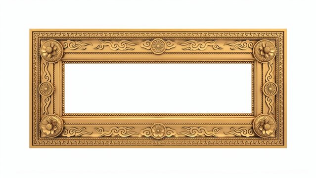Ornate golden picture frame with baroque carvings, vintage rectangular gold border for portraits, elegant antique frame on white background